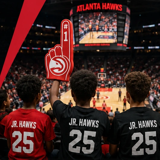 Illustrative scene of youth basketball fans watching an Atlanta Hawks game.