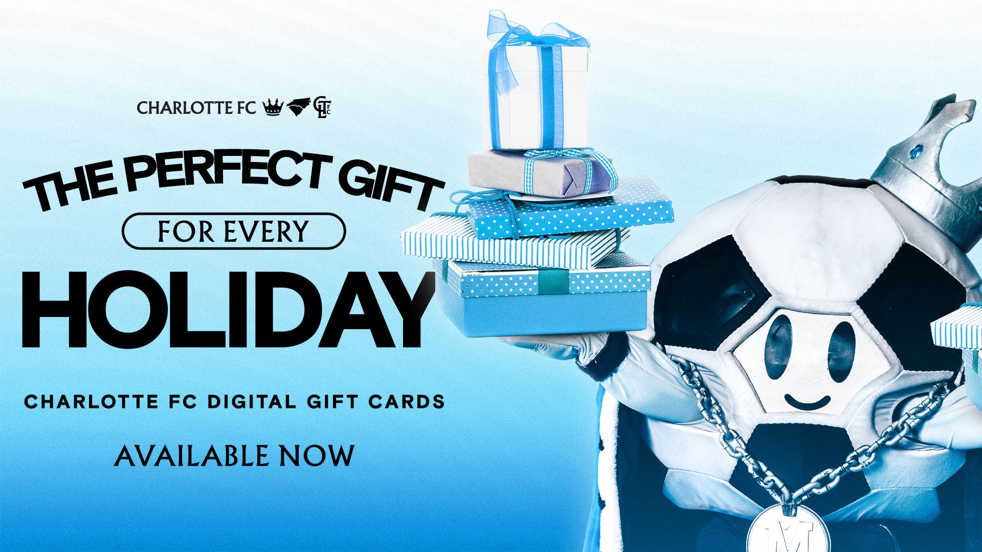 Charlotte FC holiday digital gift card promotion featuring Sir Minty with wrapped gifts