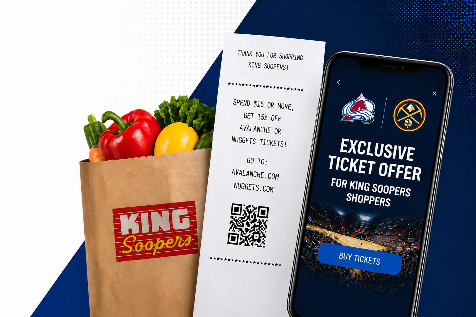 King Soopers grocery bag, promotional receipt and phone displaying an exclusive ticket offer