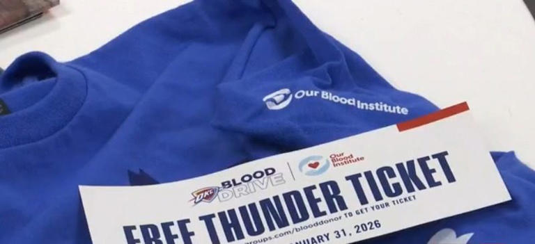 Our Blood Institute T-shirt and Oklahoma City Thunder blood drive ticket voucher