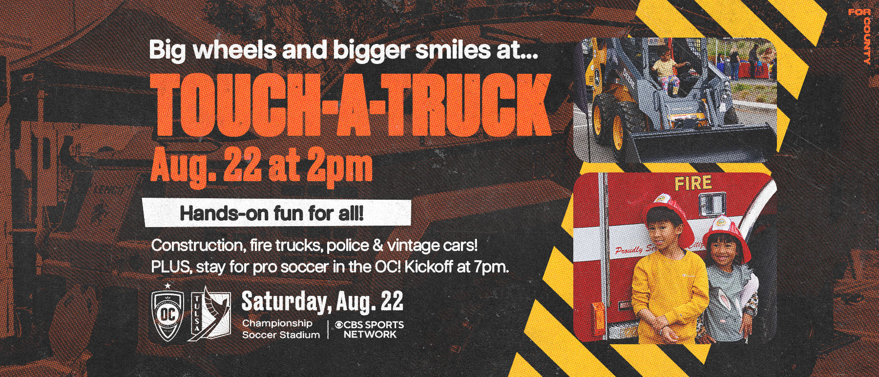 Orange County SC Touch-A-Truck promotional artwork featuring construction and fire vehicles
